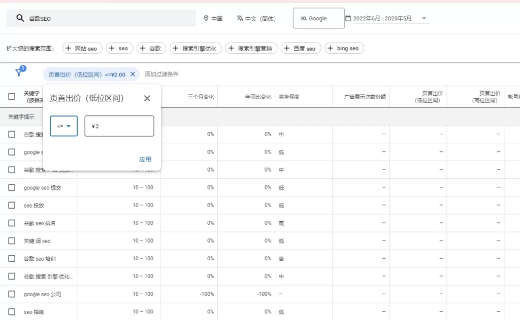 过滤关键字提示列表-低价区间-关键词规划师