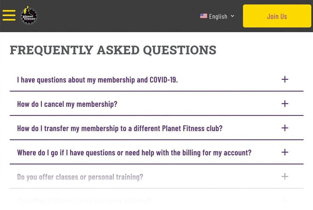 Planet Fitness的FAQ页面