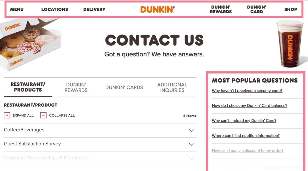 DUNKIN的FAQ页面