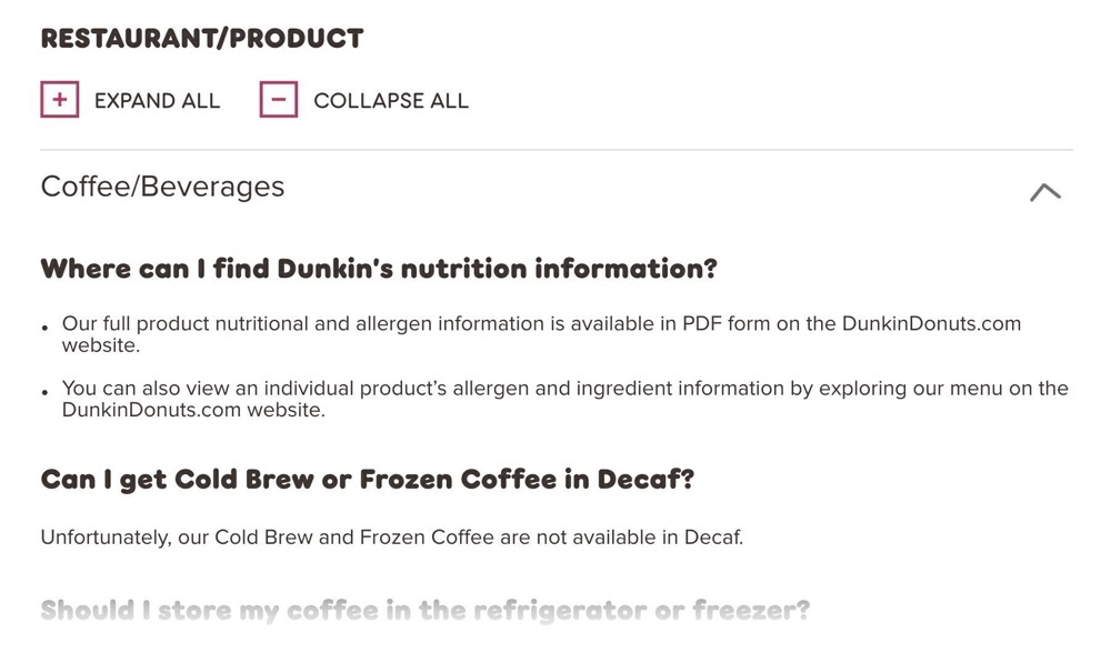 DUNKIN的FAQ页面