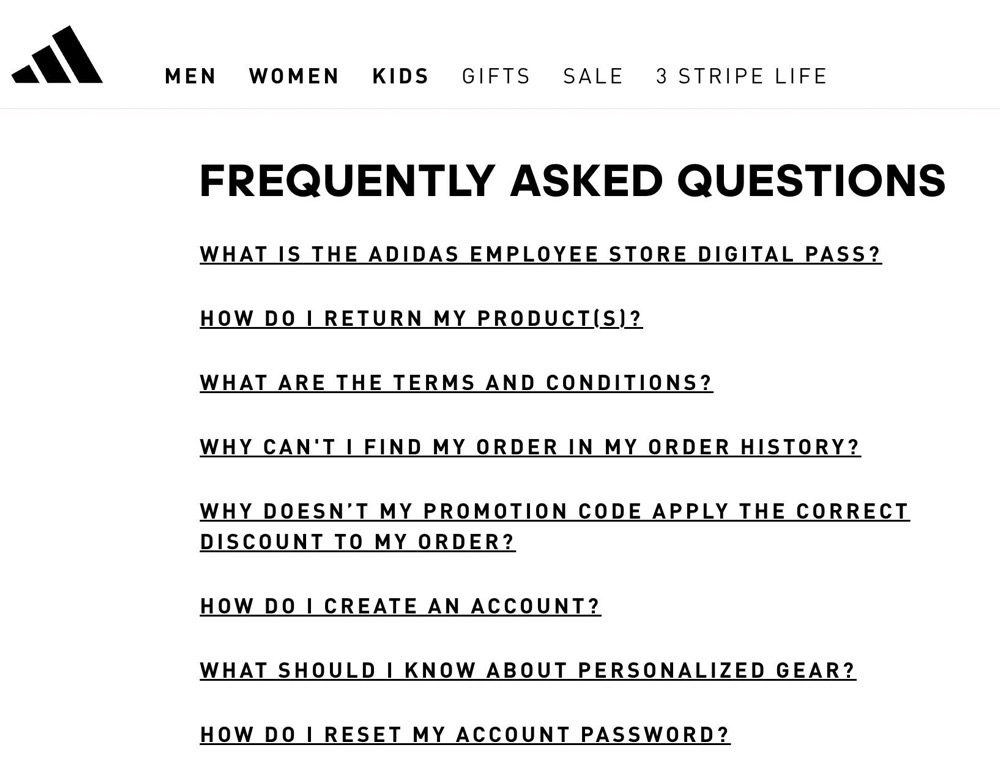 adidas FAQ页面