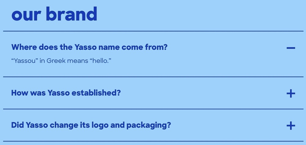 Yasso酸奶的FAQ页面