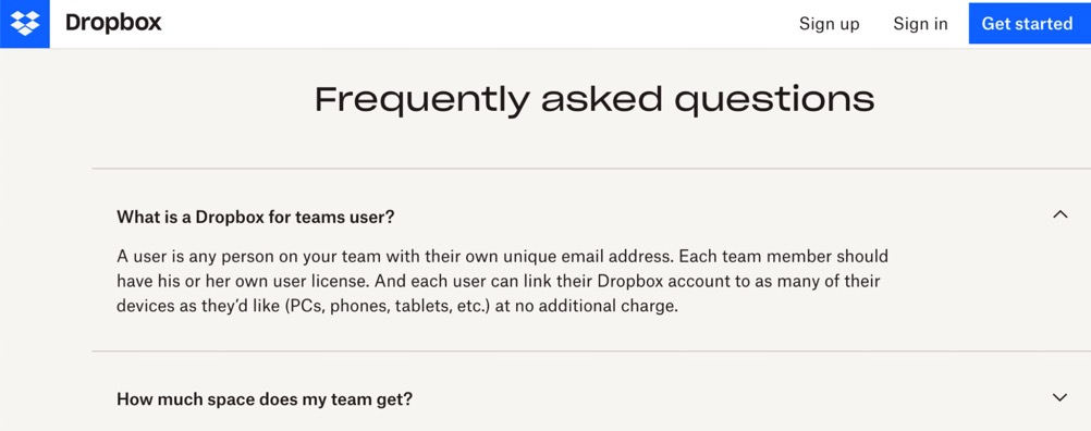 Dropbox的FAQ页面