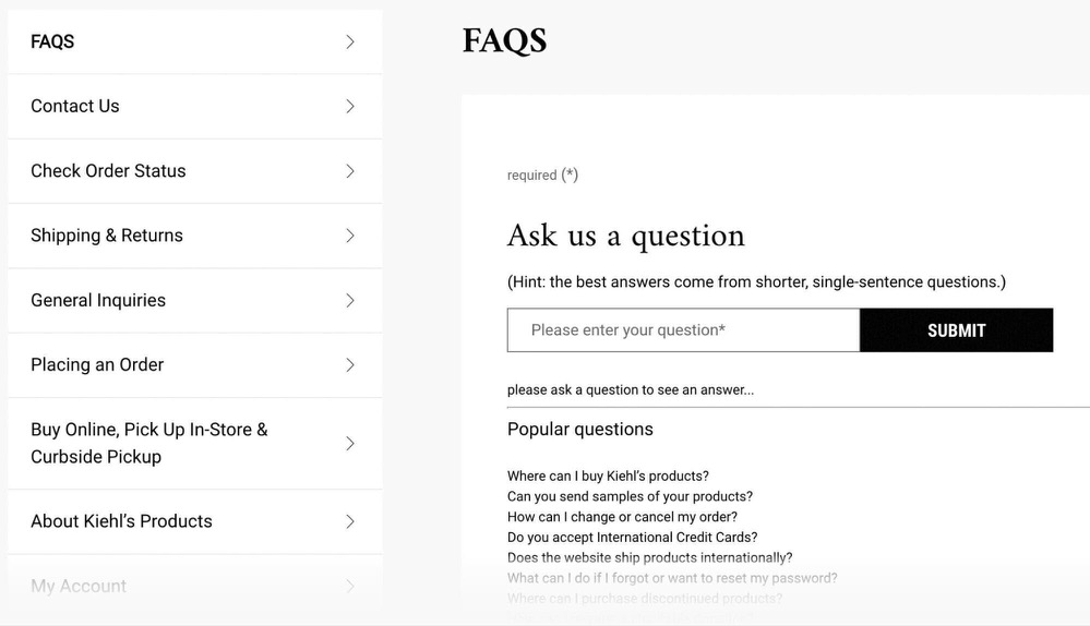Kiehl's的FAQ页面
