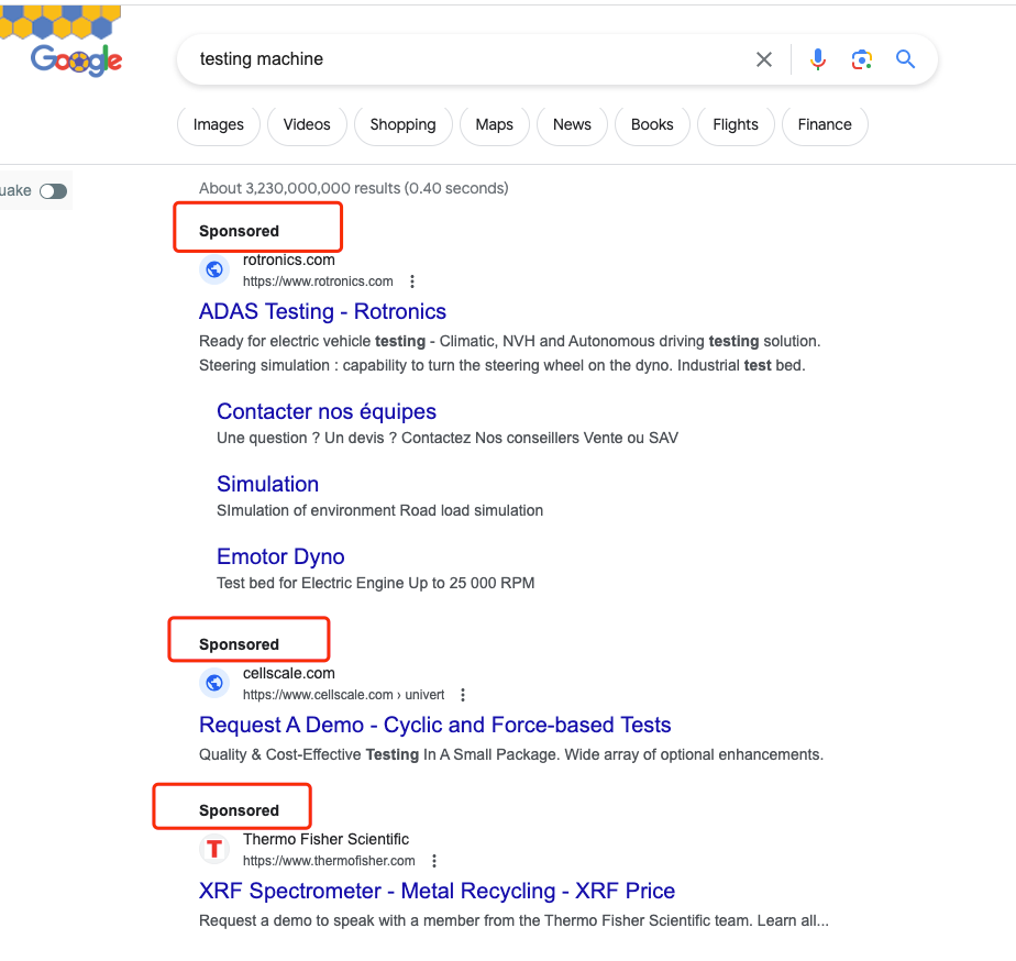 SEM在谷歌搜索引擎上的广告界面
